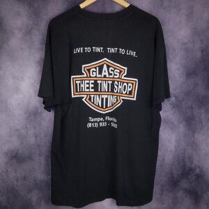 Vintage 90s Harley Davidson parody Tint Shop Tampa Florida faded black shirt